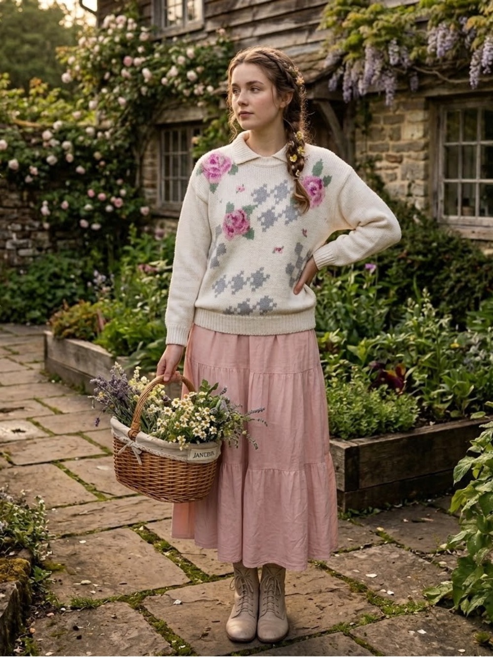 Jantzen Cream Sweater with Pink Rose Motif and Gray Accents
